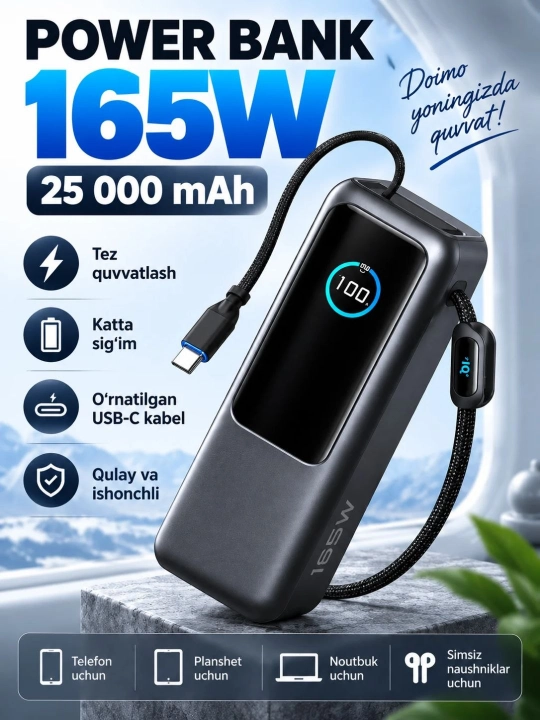 Внешний аккумулятор 20000/25000 мАч 100Вт/165Вт,  с быстрой зарядкой USB-C PD