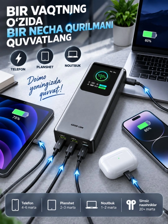 Внешний аккумулятор 20000/25000 мАч 100Вт/165Вт,  с быстрой зарядкой USB-C PD