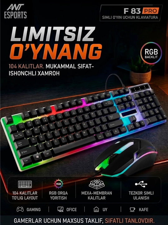 O‘yin klaviaturalari — RGB yoritishli, membranali, simli ulanishga ega - 