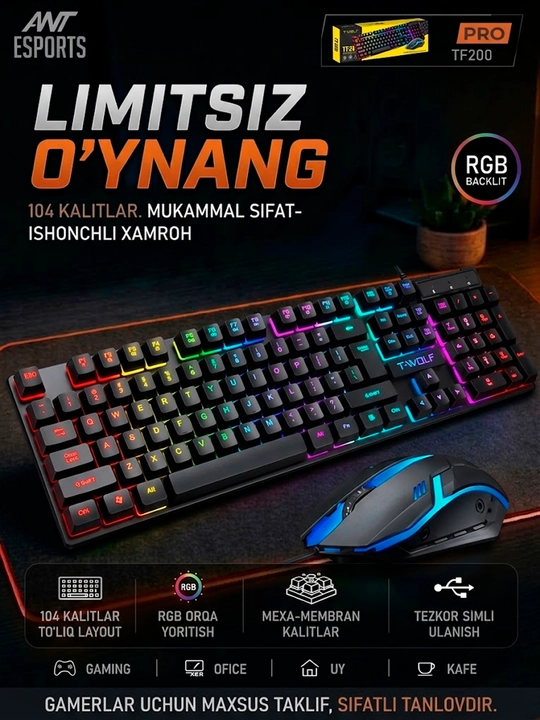 O‘yin klaviaturalari — RGB yoritishli, membranali, simli ulanishga ega - 