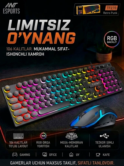 O‘yin klaviaturalari — RGB yoritishli, membranali, simli ulanishga ega - 