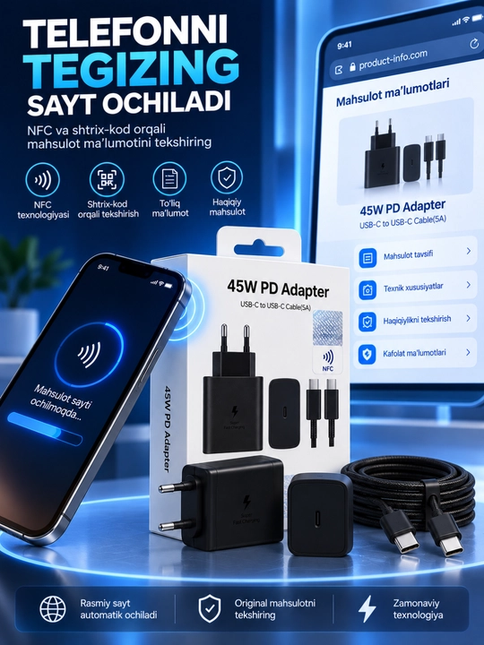 45W PD Adapter USB-C быстрая зарядка и кабель USB-C 5A с NFC в комплекте для телефона - 