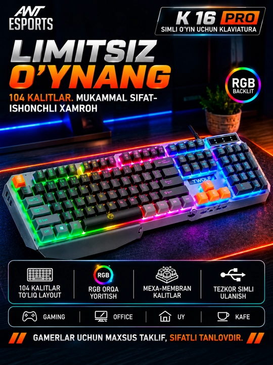 O‘yin klaviaturalari — RGB yoritishli, membranali, simli ulanishga ega - 