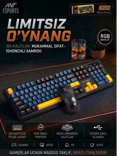 O‘yin klaviaturalari — RGB yoritishli, membranali, simli ulanishga ega - 