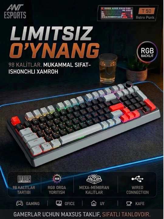 O‘yin klaviaturalari — RGB yoritishli, membranali, simli ulanishga ega - 