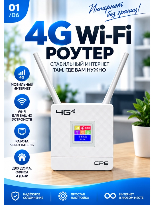 4G LTE Wi-Fi router SIM-kartali, Corex A9SW, LCD displey, 2.4 GHz, 150 Mbit/s gacha, LAN - 