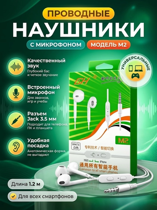 Проводные наушники M2, 3.5 мм AUX, с микрофоном и кнопками управления, белые - 