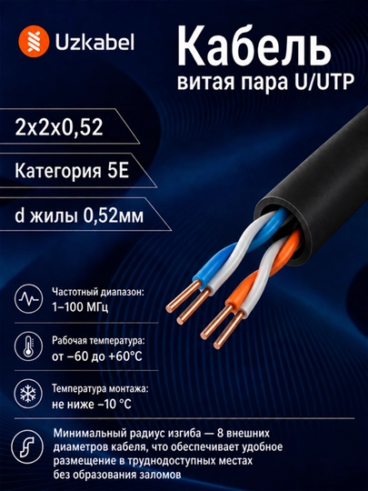 Кабель витая пара U/UTP Cat 5E 2×2×0,52 мм медный для интернета и видеонаблюдения, черный