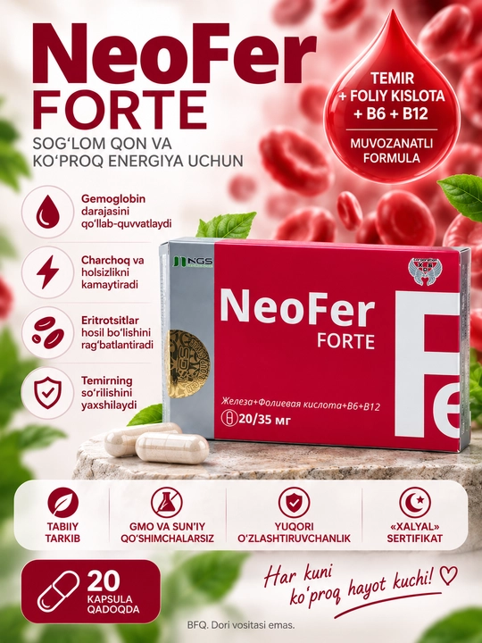 Капсулы с железом и фолиевой кислотой NeoFer Forte (НеоФер Форте), 20 капсул - 