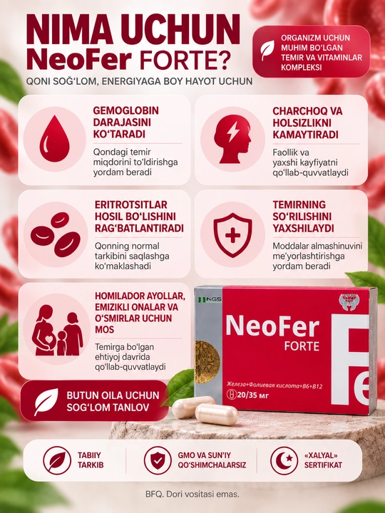 NeoFer Forte temir va folat kislotasi kapsulalari (NeoFer Forte), 20 kapsula