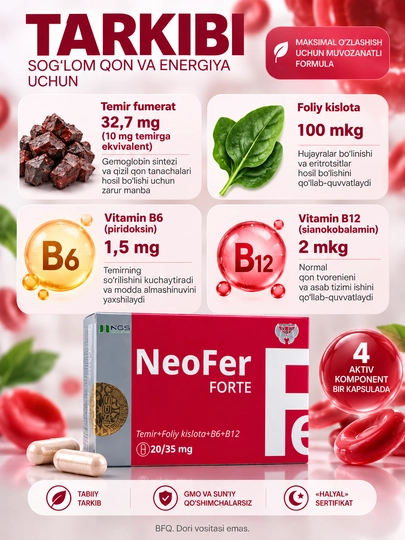 NeoFer Forte temir va folat kislotasi kapsulalari (NeoFer Forte), 20 kapsula