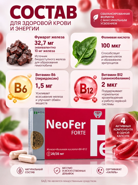NeoFer Forte temir va folat kislotasi kapsulalari (NeoFer Forte), 20 kapsula