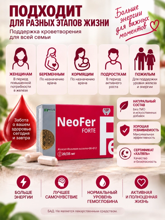 NeoFer Forte temir va folat kislotasi kapsulalari (NeoFer Forte), 20 kapsula