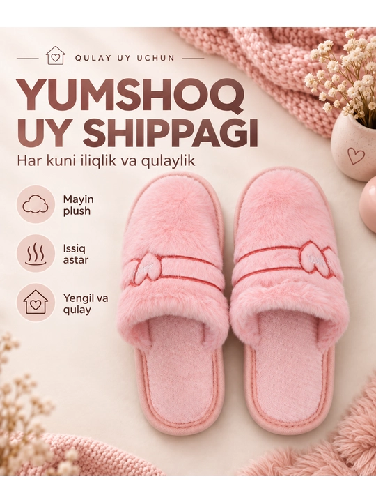 Ayollar uchun yumshoq issiq uy shippaklari, bantli, kuz-qish mavsumi uchun
