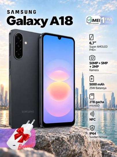 Samsung Galaxy A18 smartfoni,Adapter bonusi,Super AMOLED,50MP+5MP+2MP,NFC,1 yillik kafolat - 
