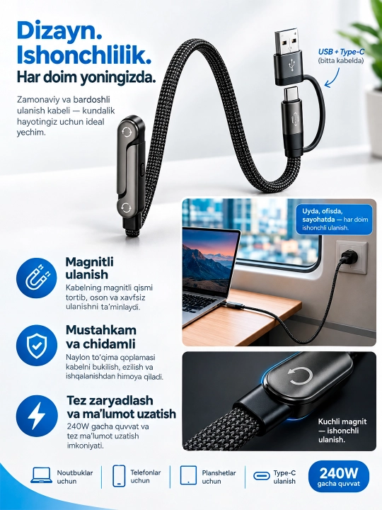 Type-C Type-C 240 Vt quvvatli Android telefonlarini tez quvvatlash kabeli