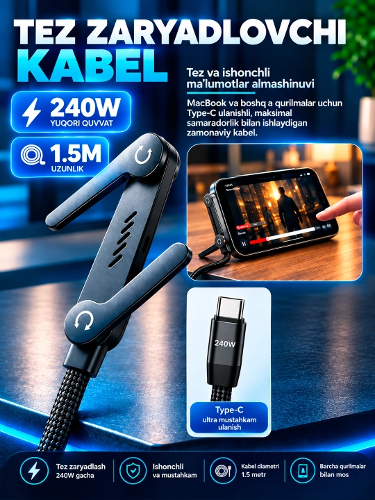 Type-C Type-C 240 Vt quvvatli Android telefonlarini tez quvvatlash kabeli - 