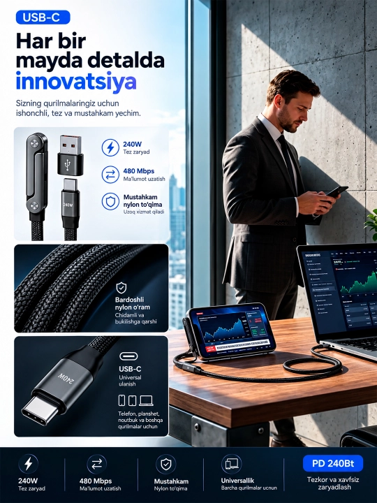 Type-C Type-C 240 Vt quvvatli Android telefonlarini tez quvvatlash kabeli