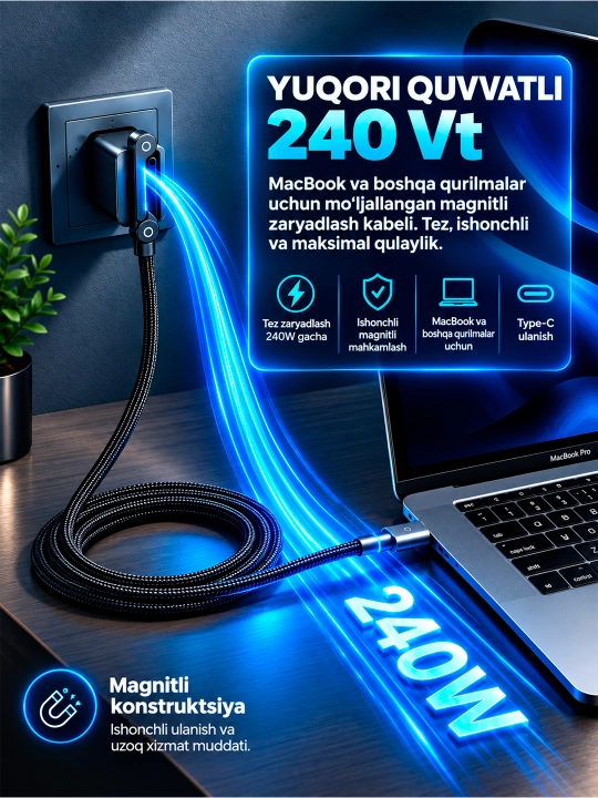 Type-C Type-C 240 Vt quvvatli Android telefonlarini tez quvvatlash kabeli