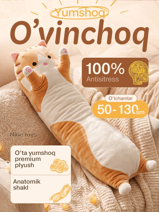 Yumshoq o'yinchoq yostiq Mushuk baton,  quchoqlash va uxlash uchun, stressga qarshi - 