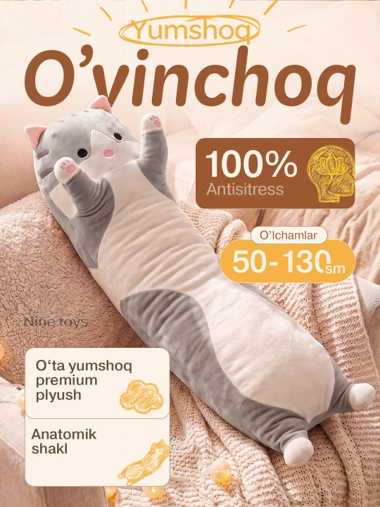 Yumshoq o'yinchoq yostiq Mushuk baton,  quchoqlash va uxlash uchun, stressga qarshi - 