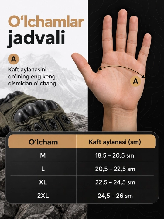 Taktik qo‘lqoplar, erkaklar uchun, zarbalardan himoyalovchi, sirpanmaydigan kaftli, M–2XL