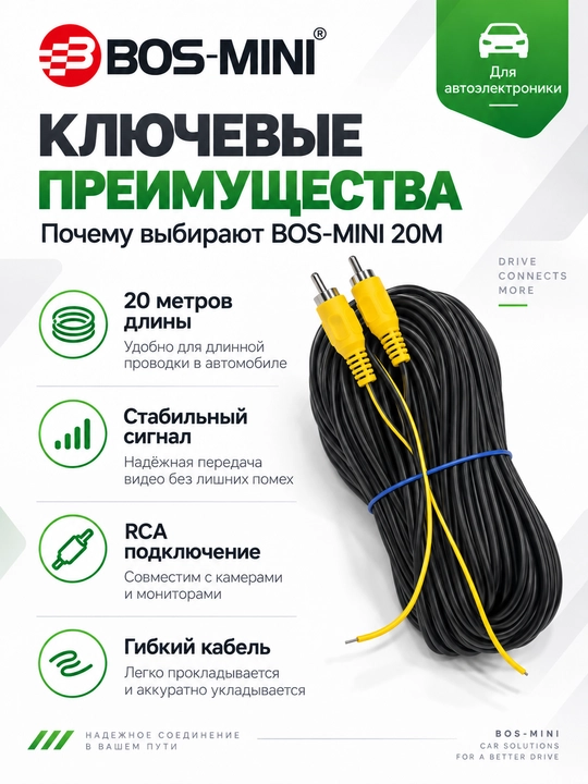 Видеокабель BOS-MINI для камеры заднего вида L817, RCA, 20 м