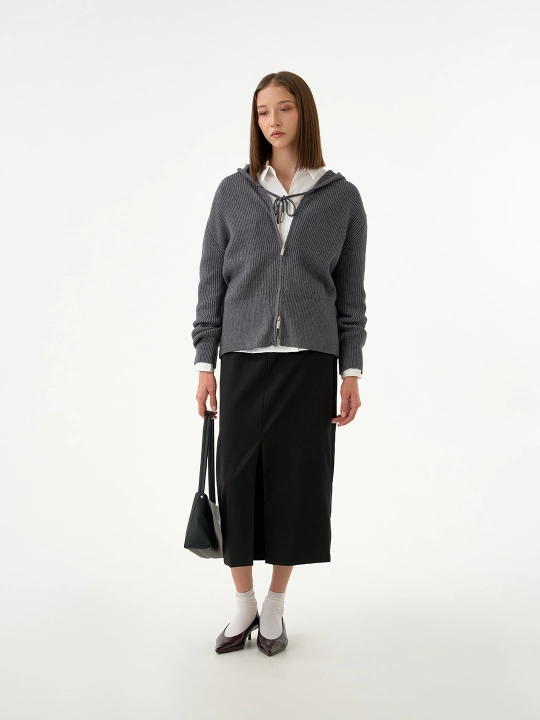 Erkin bichimli to‘qilgan ayollar Selfie kardigani, kapyushon va ikki qulfli molniya bilan