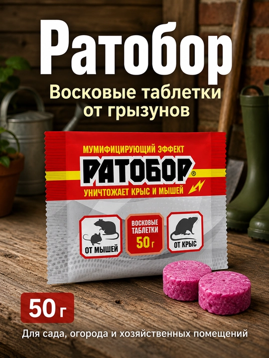 Ratobor mumli tabletkalar kemiruvchilarga qarshi, sichqon va kalamushlardan, 50 g - 