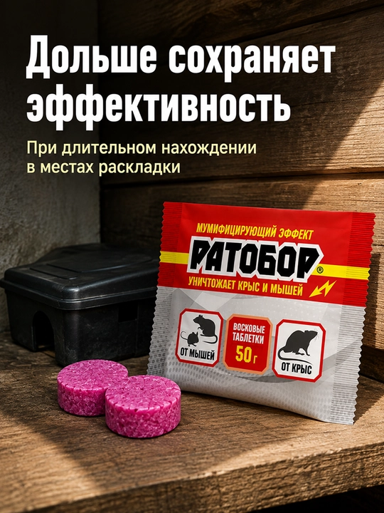 Ratobor mumli tabletkalar kemiruvchilarga qarshi, sichqon va kalamushlardan, 50 g