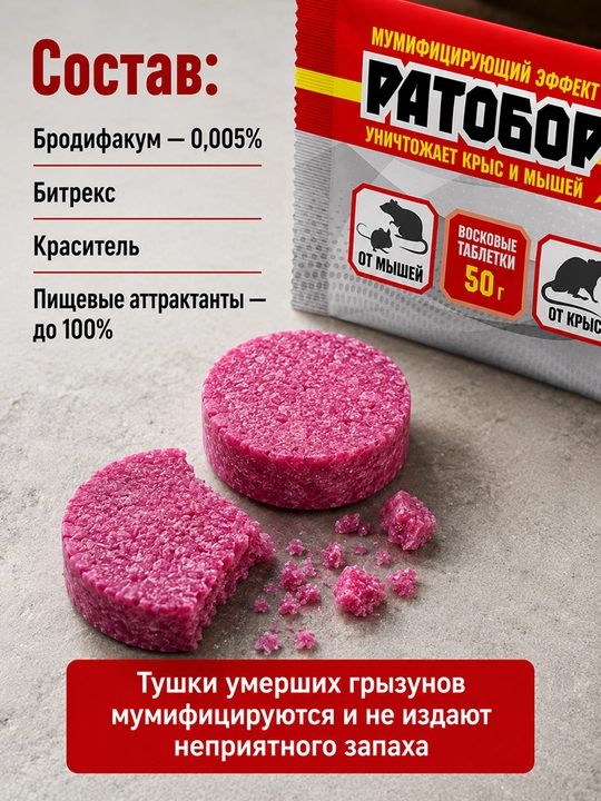 Ratobor mumli tabletkalar kemiruvchilarga qarshi, sichqon va kalamushlardan, 50 g