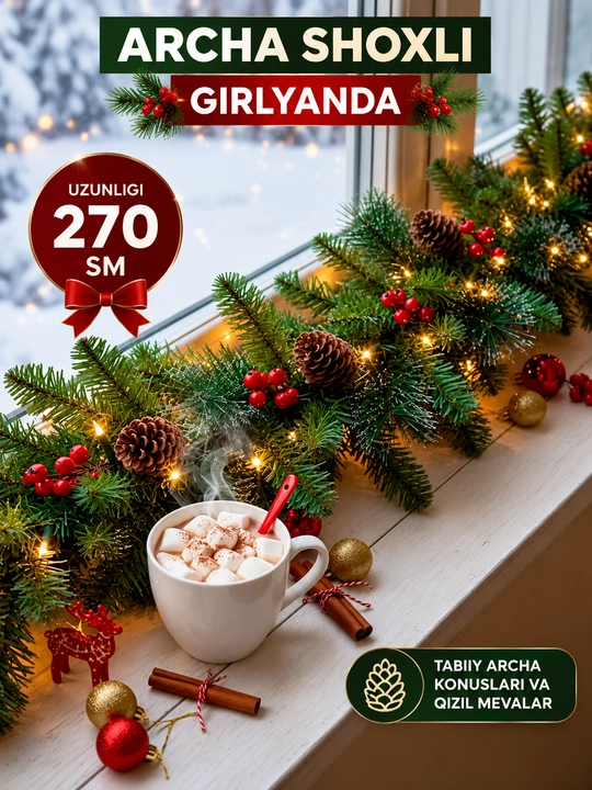 Yangi yil archa girlyandasi 270 sm — shishka va qizil rezavorli dekor - 