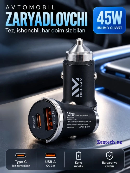 Avtomobil zaryadlovchi adapter 30W 45W PP-058 QC 3.0 USB Type-C tez quvvatlash