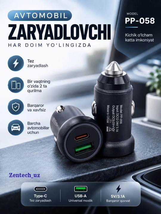 Avtomobil zaryadlovchi adapter 30W 45W PP-058 QC 3.0 USB Type-C tez quvvatlash