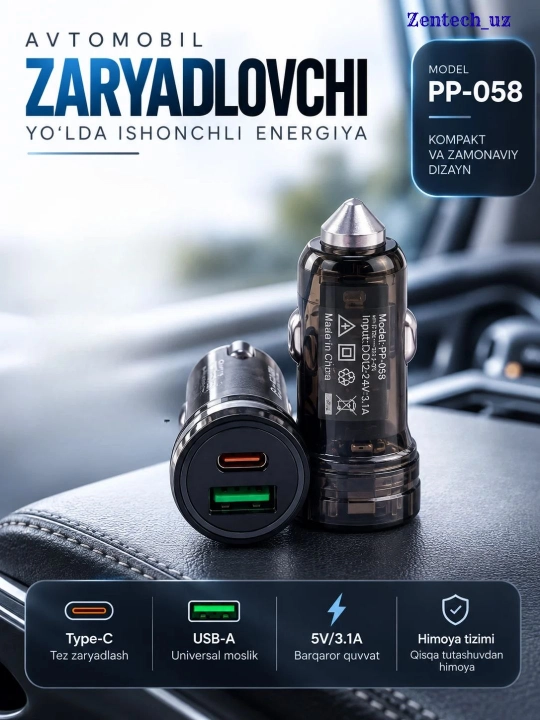 Avtomobil zaryadlovchi adapter 30W 45W PP-058 QC 3.0 USB Type-C tez quvvatlash