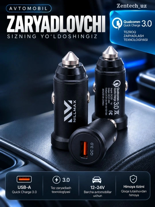 Avtomobil zaryadlovchi adapter 30W 45W PP-058 QC 3.0 USB Type-C tez quvvatlash