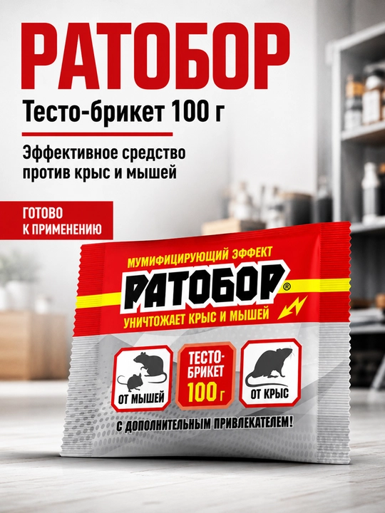 Ратобор 100 г, средство от крыс и мышей, готовая тесто-брикет приманка - 