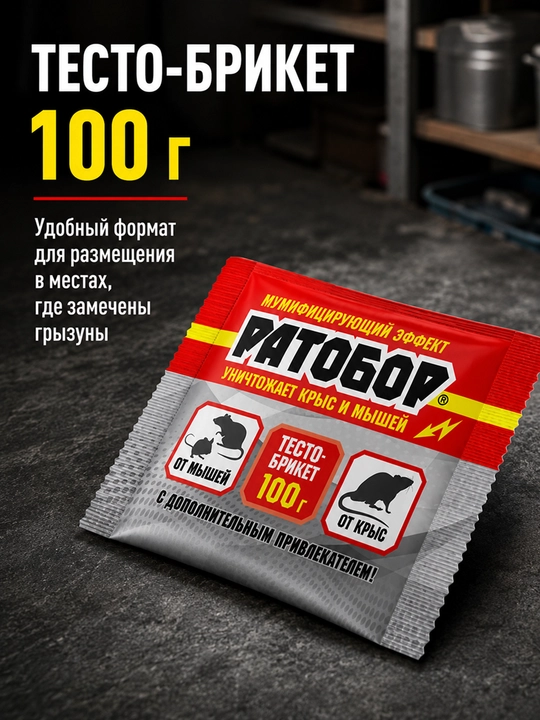 Ратобор 100 г, средство от крыс и мышей, готовая тесто-брикет приманка