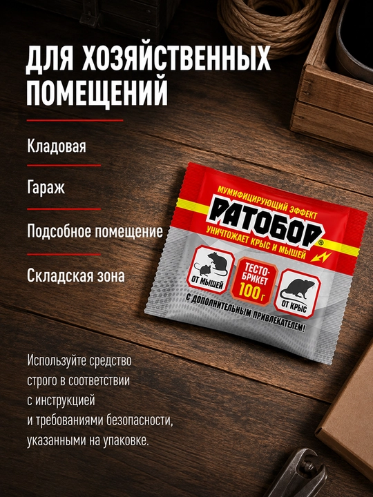 Ратобор 100 г, средство от крыс и мышей, готовая тесто-брикет приманка