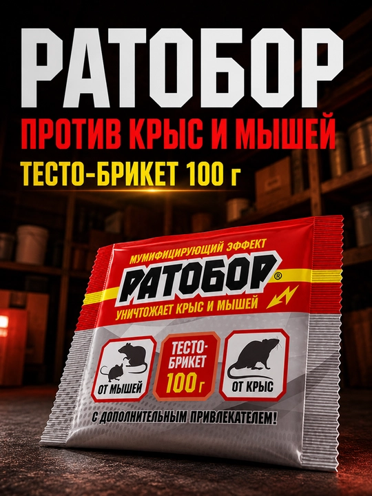 Ратобор 100 г, средство от крыс и мышей, готовая тесто-брикет приманка