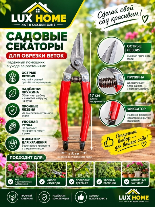 Садовый секатор — острые лезвия быстро и ровно режут ветки, удобная ручка снижает нагрузку