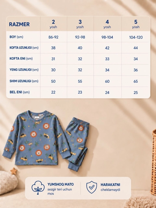O'g'il bolalar uchun pijamalar nafas oladigan mato 100% paxta 2-3-4-5 yosh