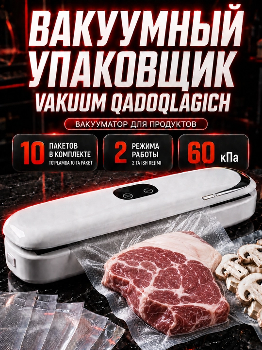 Вакууматор для продуктов с запайкой, вакуумный упаковщик, 60 kPa, 10 пакетов - 