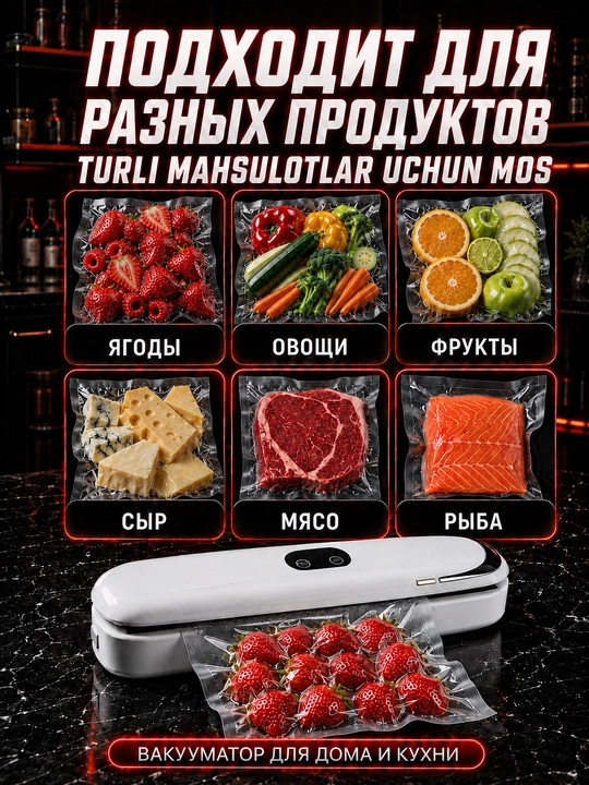 Vakum apparat vakuumator, oziq-ovqat uchun qadoqlash uskunasi, 60 kPa, 10 paket