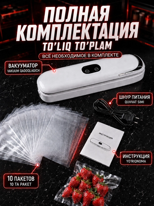 Vakum apparat vakuumator, oziq-ovqat uchun qadoqlash uskunasi, 60 kPa, 10 paket
