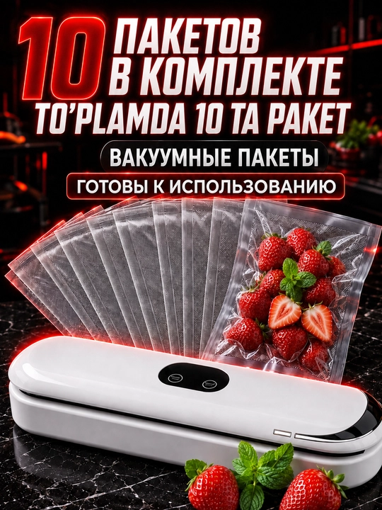 Vakum apparat vakuumator, oziq-ovqat uchun qadoqlash uskunasi, 60 kPa, 10 paket