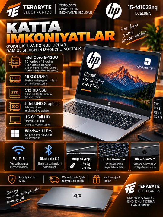 Noutbuk HP Intel Core 5-120U/ DDR4 16GB/ SSD 512GB/ 15.6 FullHD/ Windows 11