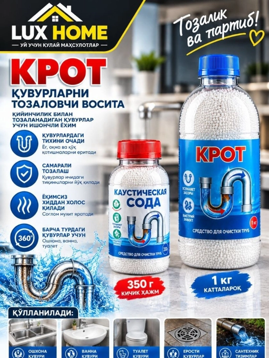 Быстро очистите трубы от засоров, Крот эффективно удаляет жир, грязь и неприятный запах - 