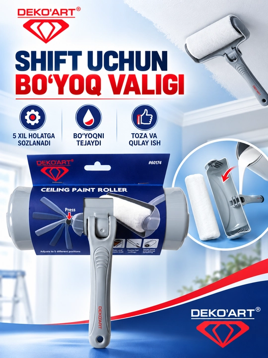 DEKO’ART shift va devor uchun bo‘yoq valigi, bo‘yoq rezervuarli, 5 xil holatga sozlanadi - 