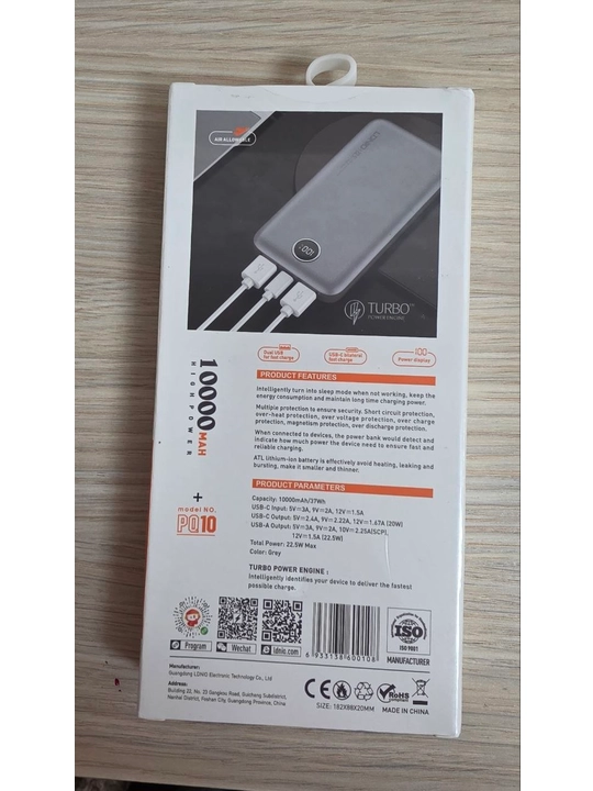 Tashqi akkumulyator LDNIO PQ10 10000 mAh, 22,5 W, tezkor quvvatlash, displey